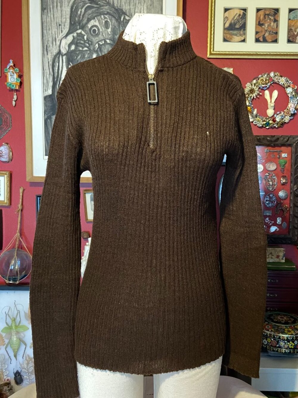 Vintage Dark Brown Rinardo Brand Sweater 100% Virgin Acrylic 60's Cool Zipper